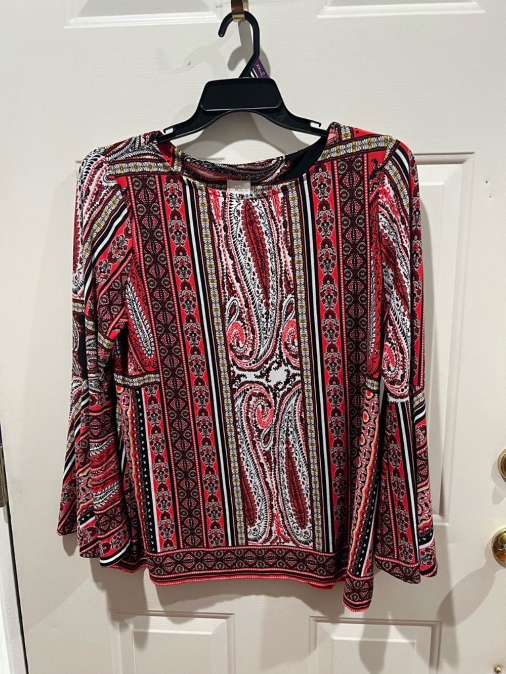 Chico's Red Paisley & Stripe Long-Sleeve Top